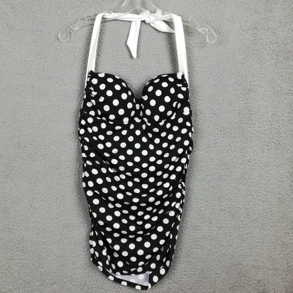 Chaps Womens Swimsuit 1 Piece Skirted Halter Black White Polkadot Slimming 8 New